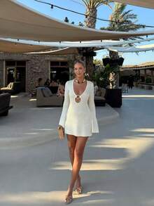 Vestido de punto de unicolor para vacaciones de verano en la playa - Albaricoque - Ver 7