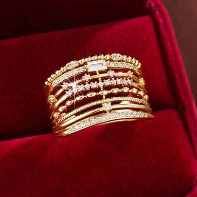 1pc Fashionable Geometric Line Design Cubic Zirconia Inlaid Wide Band Ring For Women