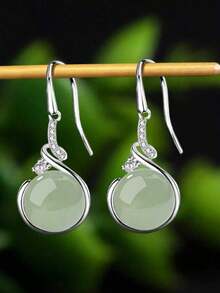 1 Pair 2025 New Fashion Earrings Women, Simple Jade Ear Studs - Green - View 7