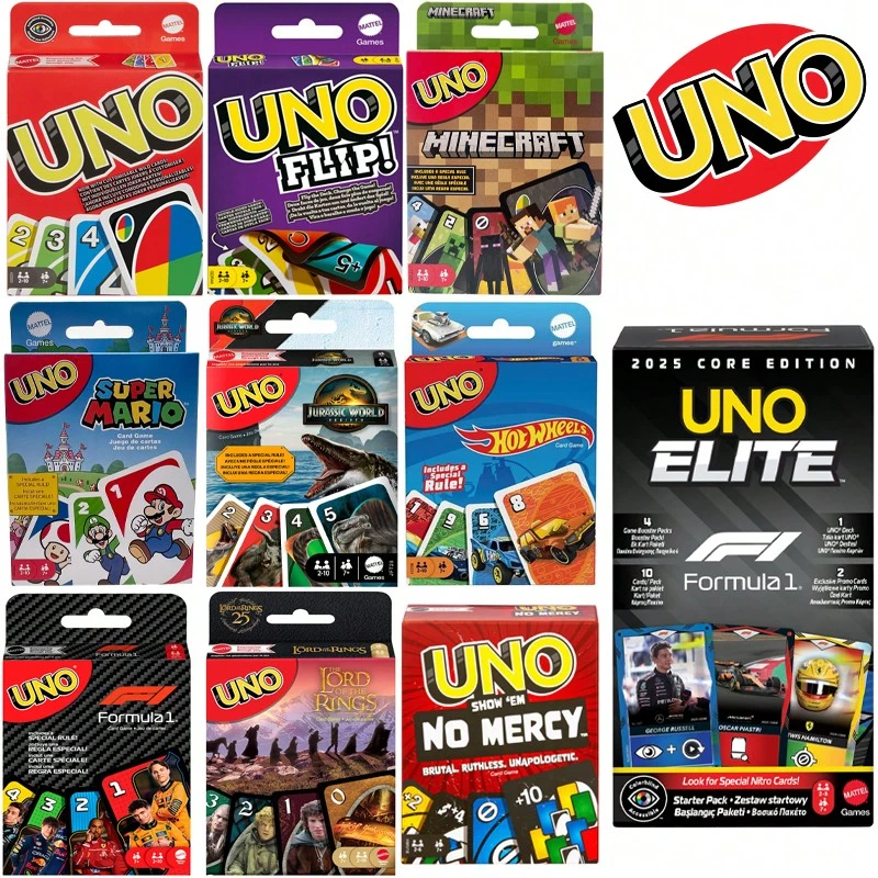 Mattel UNO - Trò chơi bài ghép số màu sắc cổ điển - 112 lá bài - Lá bài đặc biệt có thể tùy chỉnh và xóa được - Bao gồm các lá bài hành động đặc biệt - Quà tặng cho trẻ em từ 7 tuổi trở lên, các bộ sưu tập bao gồm Jurassic Park/Ruthless/Minecraft/Super Mario/Hot Wheels/F1 Racing/Lord Of The Rings - Nhiều màu - Xem 1