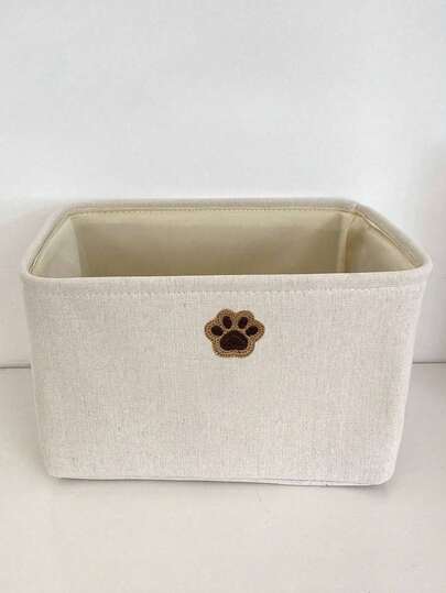 Beige Fabric Dog Paw Pattern Storage Basket - Household Items Organizer Basket, Toy And Clothing Storage Basket, Desktop Storage Basket