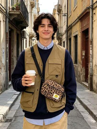 豹纹纯色斜挎包，男女通用休闲腰包/胸包，多功能腰包，适合户外旅行和街头服饰