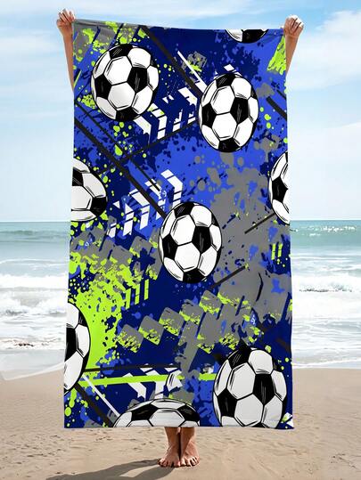 1 chiếc khăn tắm biển graffiti màu xanh dương và xanh lá cây, họa tiết quả bóng đá phun sơn với những vệt sơn neon và các khối hình học, khăn thấm hút cát cực tốt, khăn tắm phong cách đường phố đô thị dành cho bãi biển, công viên hoặc thể thao tuổi teen.