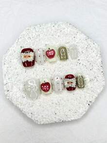 10片苹果星腮红漩涡手工按压式美甲片新年红色珍珠蝴蝶结假指甲可卸可重复使用美甲用品（1张果冻贴纸+1个指甲锉） - 彩色 - 查看 12