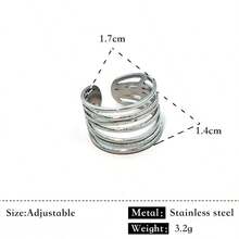 1件装不锈钢几何线条可调节开口戒指，简约时尚 - 銀色 - 查看 2
