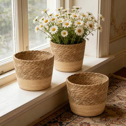 1/ 2 /3PCS Plus Size DesignLarge Medium Small Set Natural Seagrass Woven Planter Basket Pot Holder Home Decor Flower Vase Farmhouse Decor Coastal Woven Wall Basket Storage Organizer For Living Room Bathroom Spring Summer Decor