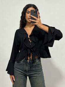 Chiffon Peak And Bell Sleeve Blouse - Black - View 1