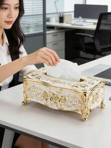 1pc Luxury Gold Tissue Box, Decorative Tissue Dispenser, Crystal Rhinestone Tissue Box, European Style Home Decor - Gold Pearlescent White - View 5