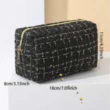1pc Large Capacity Plaid Handheld Woven Cosmetic Bag, Large Capacity Portable Toiletry Storage Bag, Makeup Case, Travel Bag - Black - View 5