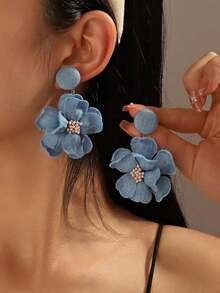 1 Pair Vintage Fabric Flower Earrings, Blue Floral, Fresh & Sweet Style For Women - Multicolor - View 1