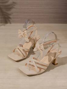 Apricot European And American Style High Heel Sandals For Women, Summer Nude Strap Outer Wear High-End Stiletto Shoes, French Criss-Cross Bowknot Open Toe Square Toe Fashionable Versatile Ladies Shoes - Apricot - View 1
