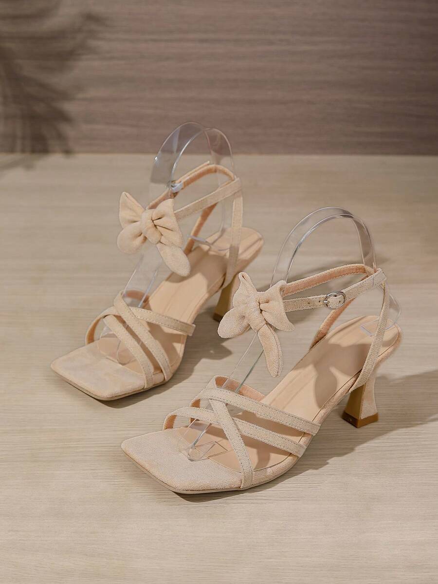 Apricot European And American Style High Heel Sandals For Women, Summer Nude Strap Outer Wear High-End Stiletto Shoes, French Criss-Cross Bowknot Open Toe Square Toe Fashionable Versatile Ladies Shoes - Apricot - View 1
