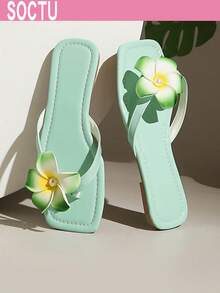 Dép xỏ ngón Plumeria dành cho nữ, dép đế bằng mũi vuông, giày đi biển mùa hè. - màu xanh lá - Xem 4