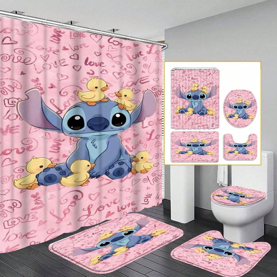 四件套动漫主题浴室套装：包含高清防水浴帘、防滑吸水浴垫和马桶盖。这款套装因其可爱有趣的造型和防滑垫的安全性能而深受儿童喜爱，助您打造一个充满趣味和奇思妙想的浴室空间。 - 卡通 - 查看 1