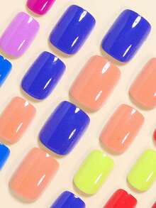 24pcs Short Square Press-On Nails For DIY Manicure! Fashion Classic: Vibrant Contrast Ginger Yellow, Mint Blue Solid Color Press-On Nails; Fresh Spring/Summer: Rose Pink, Deep Purple, Watermelon Red Solid Color Fake Nails; Full Coverage Nail Stickers Suitable For Women & Girls. Includes 1 Adhesive Sticker & 1 Mini Gel Sticker. Random Delivery. - Multicolor - View 4