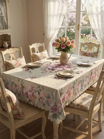 1pc Soft Pink Floral Rose Print Tablecloth, Durable Polyester Tablecloth With Ruffle Edge, Stain-Resistant Waterproof Washable Wrinkle-Free Table Cover, Suitable For Thanksgiving Dinner, Spring Celebration, Patio Party, Home Decor, Mother's Day Gift, Dining Table, Kitchen, Wedding