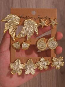 2/12pcs Beach & Ocean Themed Earring Set - Seashells, Starfish, Dried Flowers, Wings Design, Lightweight Hypoallergenic Elegant Earrings For Women, Suitable For Beach Travel, Daily Wear, Parties, Great Gift For Friends And Mothers - Gold - View 1