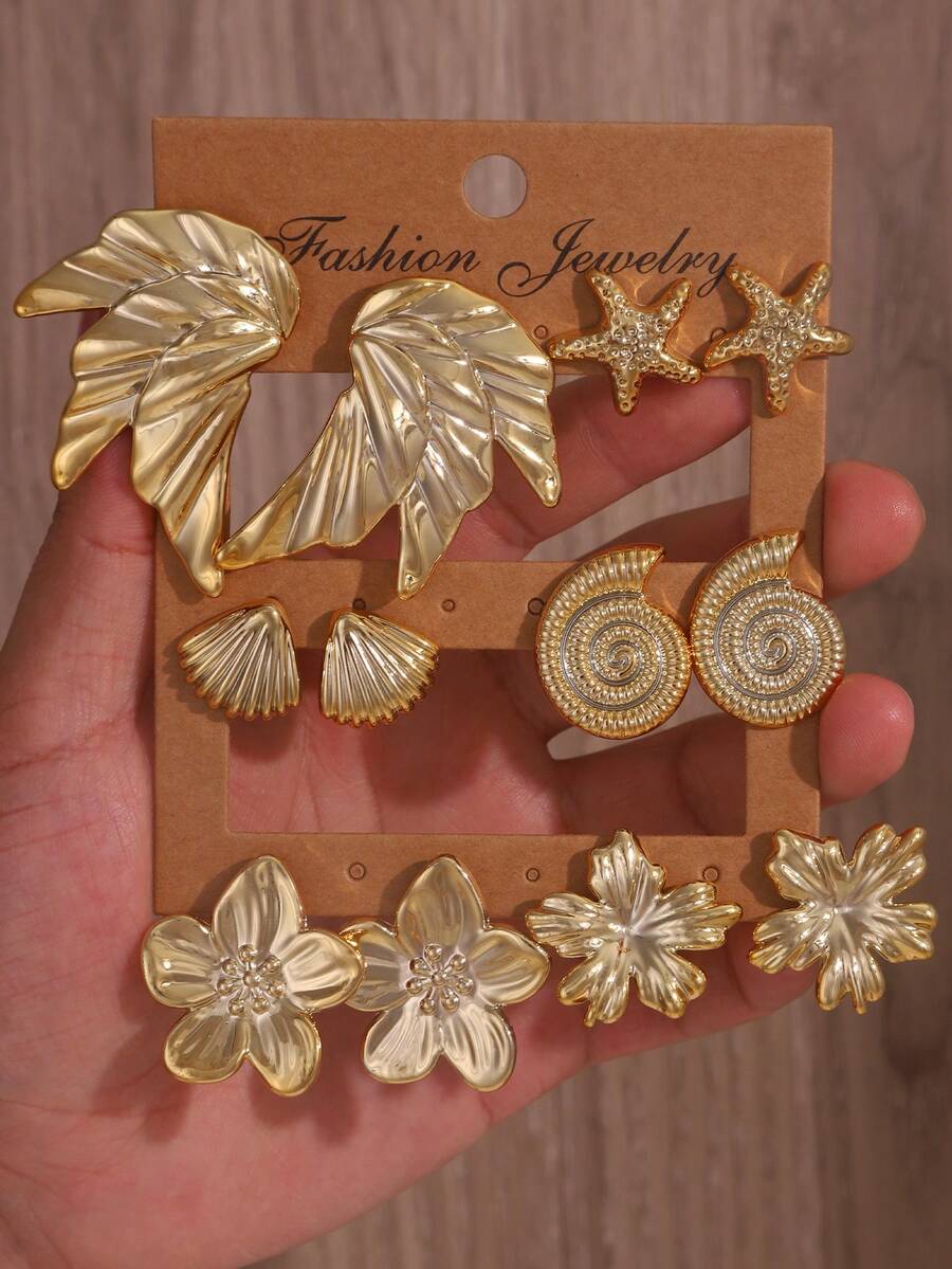 2/12pcs Beach & Ocean Themed Earring Set - Seashells, Starfish, Dried Flowers, Wings Design, Lightweight Hypoallergenic Elegant Earrings For Women, Suitable For Beach Travel, Daily Wear, Parties, Great Gift For Friends And Mothers - Gold - View 1