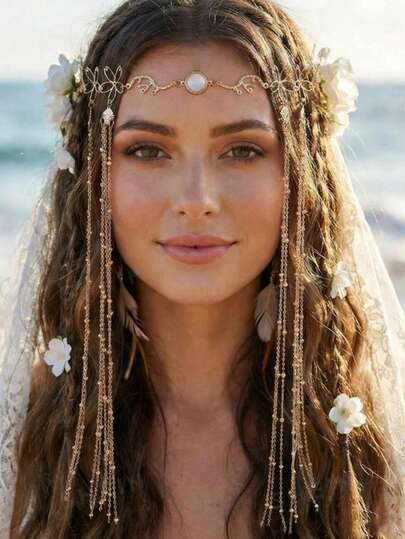 1pc Gold Beaded Chain Tassel Hair Chain, Jewelry Headpiece Suitable For Women's Wedding, Beach Holiday Wear