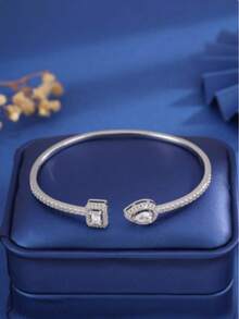 1件开口手镯，时尚简约水滴方形设计，微镶嵌锆石铜材质，适合日常佩戴，情人节礼物 - 白色 - 查看 2