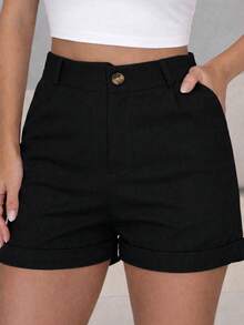 Set Of 2 Women's Linen Shorts With Lined Side Pockets, High Waist, Button And Zipper Closure, Elegant, Casual, Chic. - 米色和黑色 - 查看 4