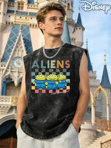 Disney Toy Story Aliens Officially Licensed Men's Sleeveless Graphic Tee, 100% Cotton 230g Washed Vintage Casual Shirt - 黑色 - 查看 3