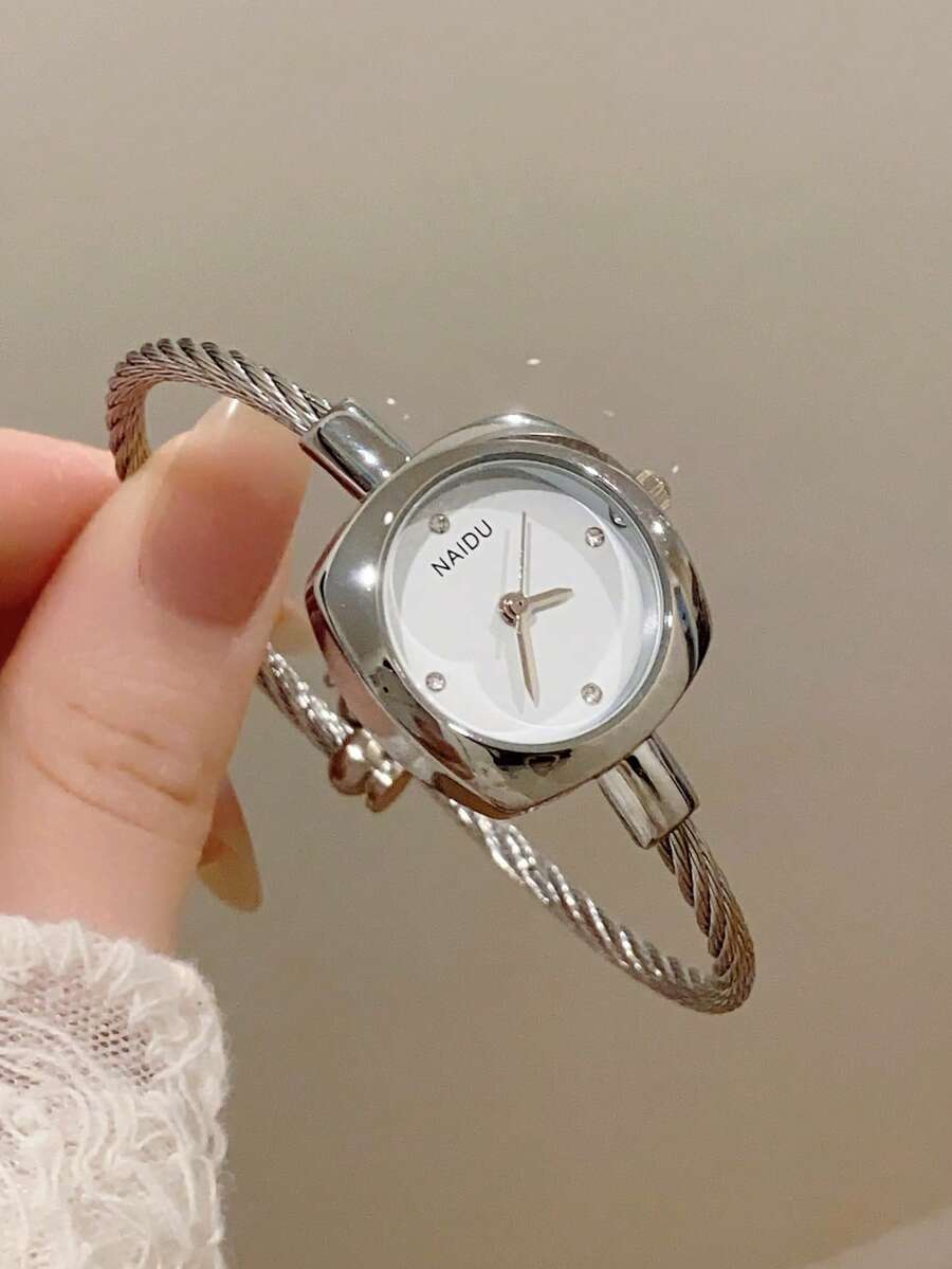 1 件女士椭圆形银黑色方形金色表盘石英休闲手表，适合日常佩戴 - 銀色 - 查看 1