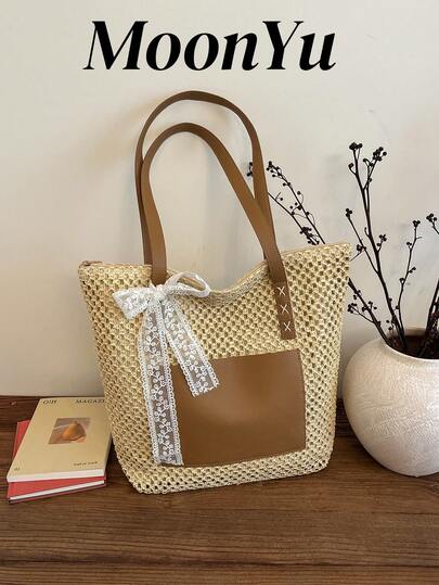 Women's Shoulder Tote Bag, Fashion Straw Bag With Multiple Pockets, Lace Bow Decor, Beige