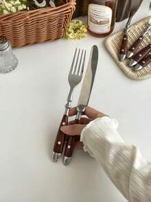 1pc Walnut Wood 2-Piece Cutlery Set, Stainless Steel Flatware Including Main Knife, Fork, Spoon, Salad Fork, Tea Spoon, Ice Cream Spoon, Luxurious High-End Practical Tableware For Home & Restaurant - View 5