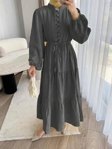 女款優雅純色鈕扣腰部打結長袖燈籠袖拼接下擺長洋裝，適合春夏秋冬日常穿著、生日、派對、正式晚宴、約會 - 灰色 - 查看 3