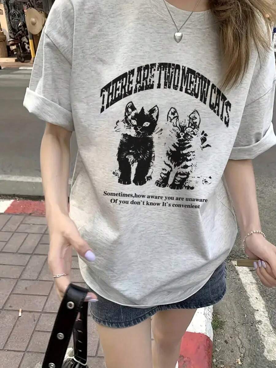 Women's Round Neck Loose Casual T-Shirt With Cute Cat Letter Print, Suitable For Spring And Summer - Light Gray - View 1