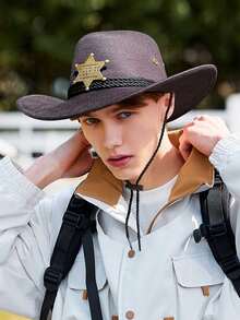 1pc Brown & Black Cowboy Hat, Suitable For Halloween, Weddings, Unisex, Versatile Style, Suitable For Holidays, Vacation And Parties - Multicolor - View 9