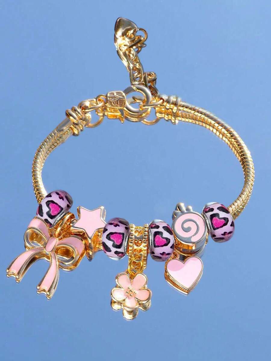 1 pieza Brazalete ajustable de uso diario para mujer con lazo, corazón y paleta de caramelo completamente cubiertos de strass dorados - Leopardo rosa - Ver 1