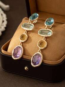 1 Pair European & American Stylish Geometric Long Clip-On Earrings, Versatile Multi-Color Minimalist Design - 彩色 - 查看 2