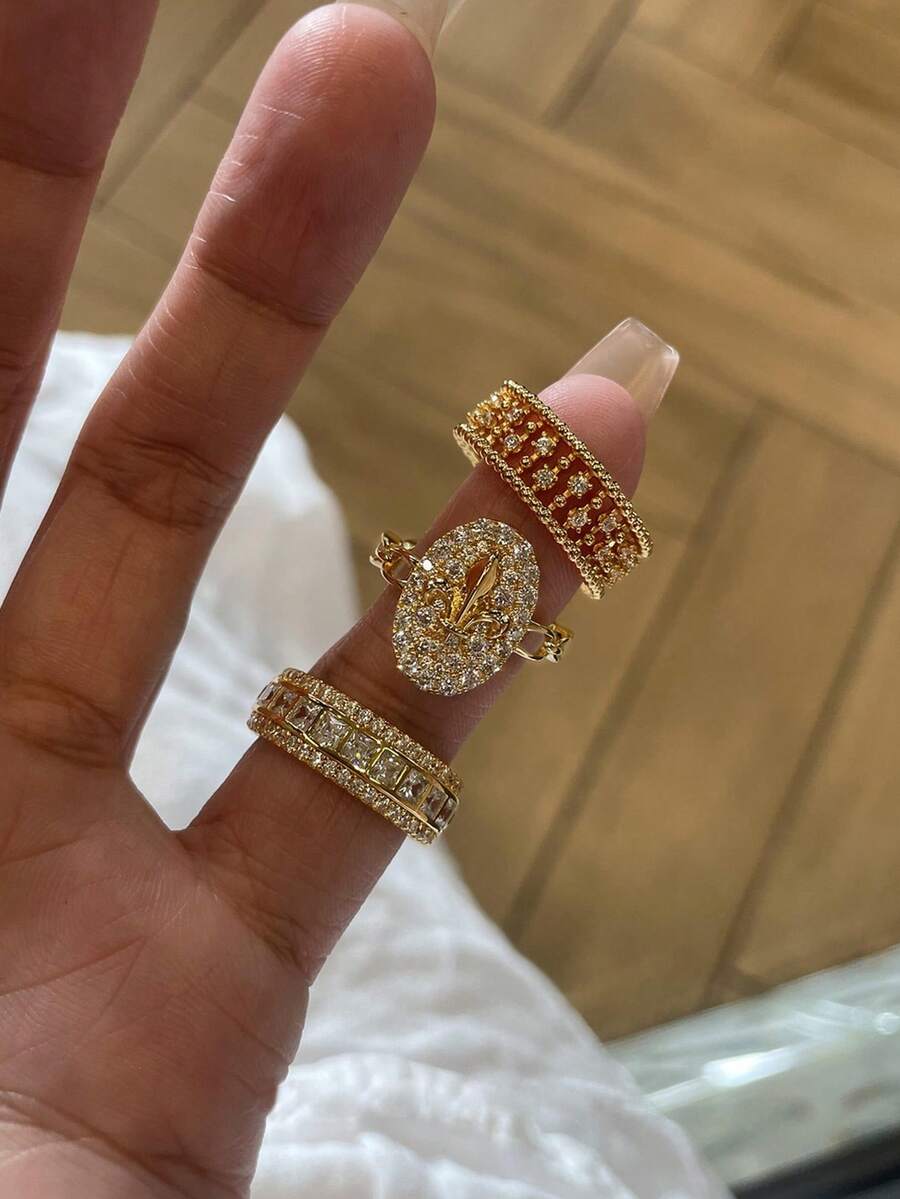 3件組 Old Money 風格立方鋯石幾何可疊戴銅戒指套組，適合女性日常與派對穿著，低調奢華