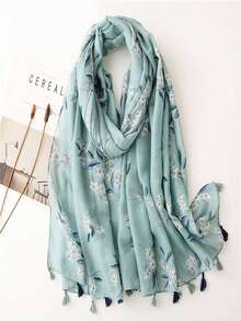 Women's Fresh Green Leaf Print Tassel Scarf, Versatile Decoration Shawl For Spring, Summer, Autumn,Beach,Holiday,Accessories,Travel Essential - Green - View 10
