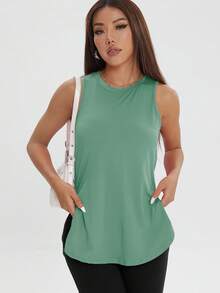Women's Casual Loose Sleeveless T-Shirt, Comfortable Side Slit Solid Color Workout Top, Spring/Summer Sports - Mint Green - View 5