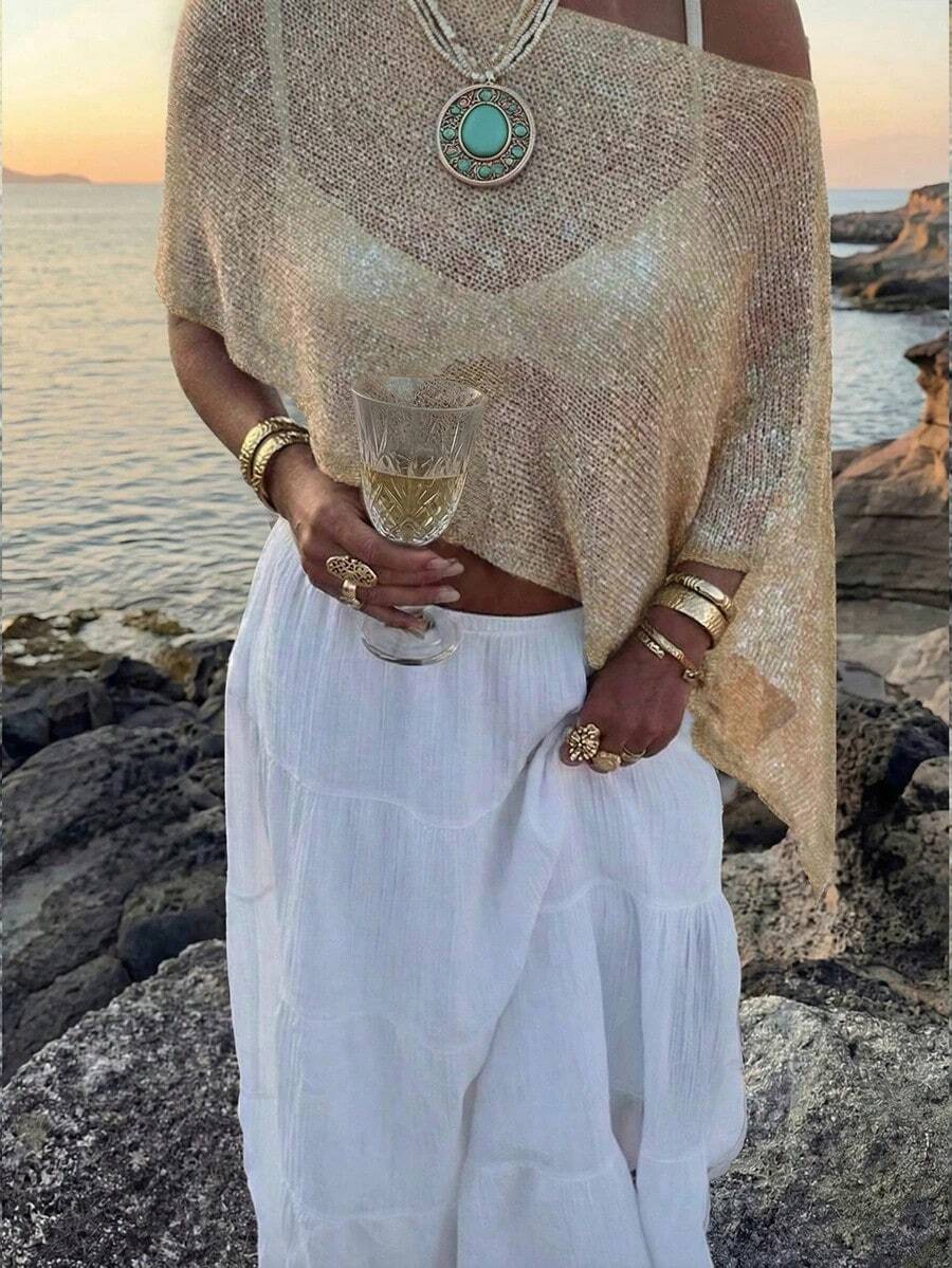 FOR BEAUTY Summer New Women's Solid Color Ribbed Light Apricot Knit Cardigan, Asymmetric Hem Design, Fine Shiny Texture Knit, Lightweight & Breathable, Slightly Loose Fit Suitable For Various Body Types, Vacation & Beach Casual Style Top - Màu cầu vồng - Xem 1