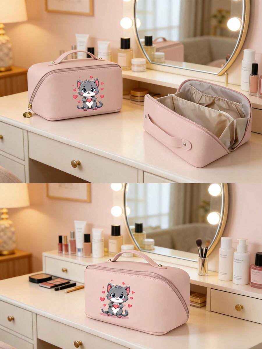 1 chiếc túi đựng mỹ phẩm bằng da PU hai lớp chống thấm nước, dung tích lớn, họa tiết mèo dễ thương, túi đựng đồ du lịch đa năng, hộp đựng đồ trang điểm, túi đựng đồ vệ sinh cá nhân, vật dụng cần thiết khi đi du lịch. - Nhiều màu - Xem 1
