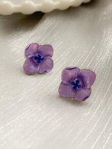1 Pair Fashionable Minimalist Delicate Blooming Flower Glass Inlaid Elegant Earrings, Suitable For Party, Daily, Gathering, Vacation, Banquet Wear - Purple - View 5