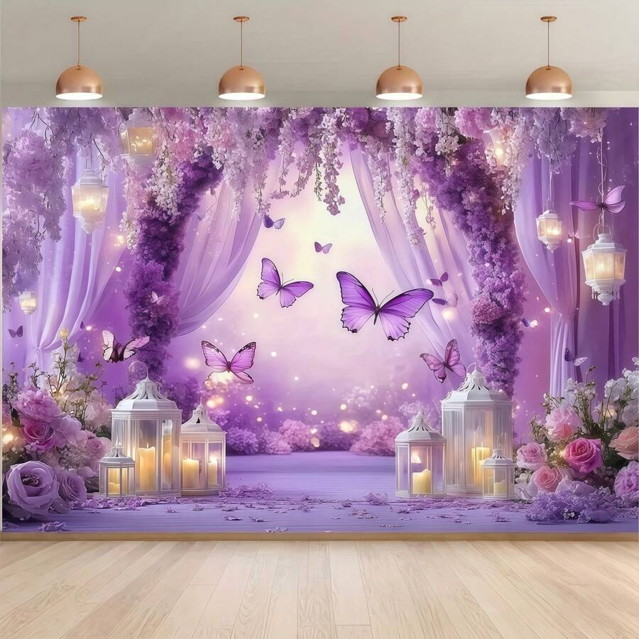 Banner em arco com borboletas roxas, feito de poliéster, com tema romântico de glicínias e castiçais. Ideal para casamentos, noivados, festas de aniversário, pedidos de casamento, confissões de amor, encontros entre amigas, decoração de fundo para fotografia, decoração de eventos, decoração interna e externa, etc. (1 peça).