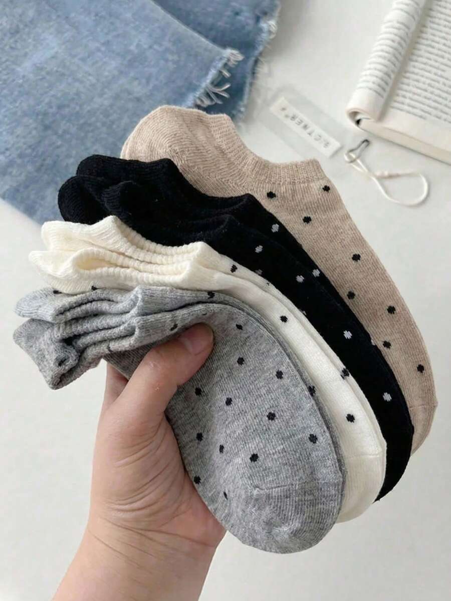 5双女士短袜，条纹中筒袜，四季皆宜，颜色随机 - 彩色 - 查看 1