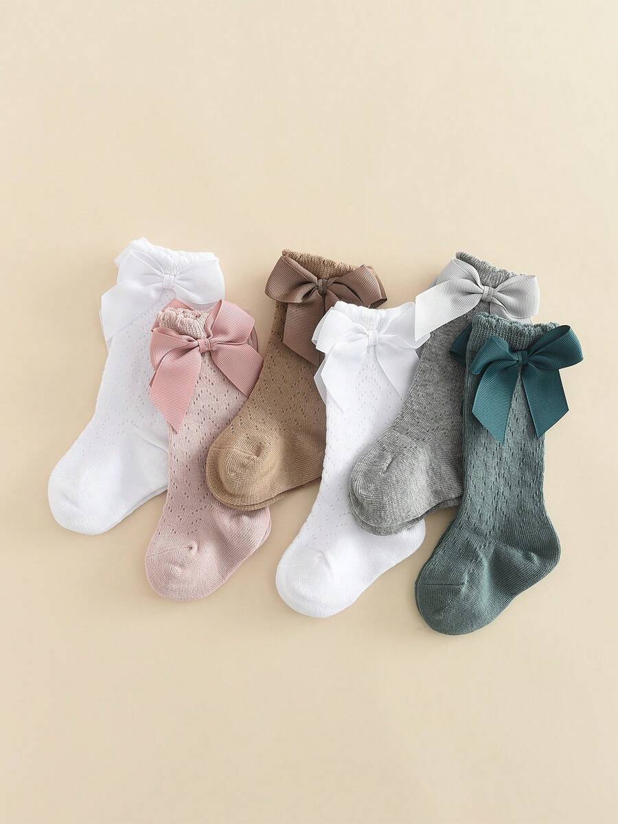 6 Pairs Baby Girls' Knee High Socks With Bow Cutout Breathable Design - Multicolor - View 1