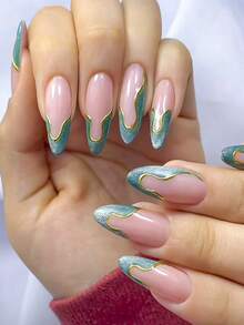 10 piezas de pegatinas de uñas hechas a mano, uñas postizas cortas, aptas para el uso en verano, estilo Y2K, que incluyen colores rojo, rosa, azul, marrón, dorado y otros, base rosa con punta francesa en forma de V azul y bordes dorados, estilo dulce y elegante, adecuado para que las damas y niñas lo usen en citas, fiestas y viajes diarios - Neblina azul - Ver 1
