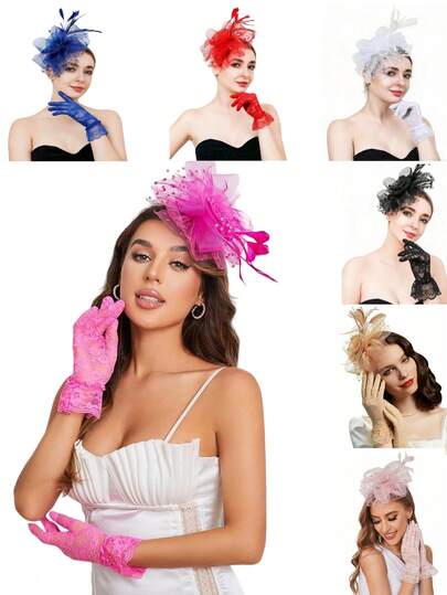 Mũ cài tóc Fascinators, mũ đội đầu dự tiệc cưới, tiệc trà và găng tay ngắn thắt nơ ren dành cho nữ.