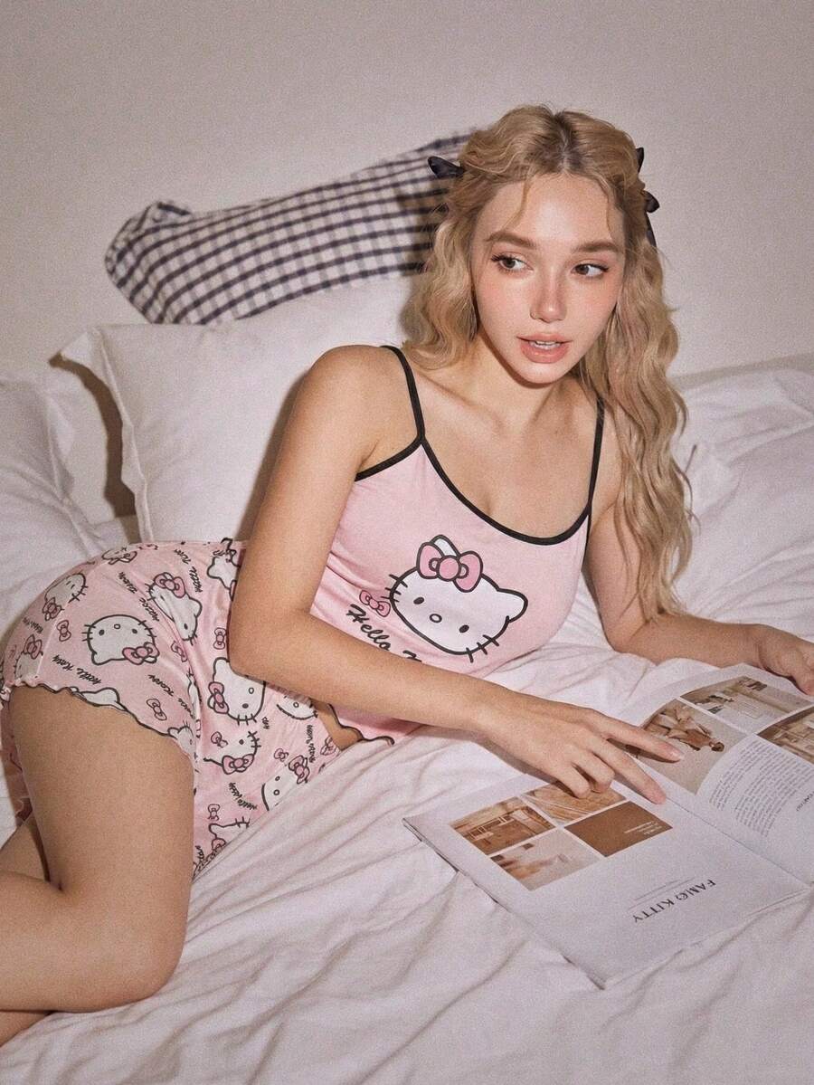 2026 女士两件套三丽鸥Hello Kitty睡衣套装，夏季短裤+上衣家居服套装，春夏女士Hello Kitty睡裤套装，包含吊带背心和裤子，两件套吊带背心套装，睡衣 - 杏色 - 查看 1