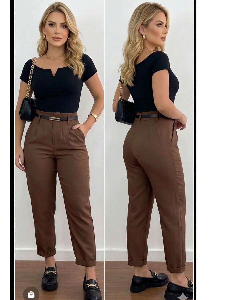 Women's High-Waisted Tailored Trousers With Belt | Elegant Formal Trousers With Pocket And Side Zipper - 鏽棕色 - 查看 1