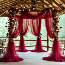 1pc Burgundy Sheer Mesh Fabric, Long Solid Color Tulle Curtain, Multipurpose Party Backdrop Decor, Suitable For Wedding Arch, Home Decor, Birthday Wedding Party Room Backdrop, Ceremony Backdrop, Dining Table Decor Tablecloth, Tablerunner, Photography Prop Tulle, Solid Color Tulle, Christmas Decor, Christmas Room Decor - Style 1 - View 8