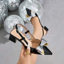 Giày sandal mùa hè cho nữ, giày cao gót thanh lịch cho nữ, sandal đen ngày của mẹ, sandal mũi nhọn gót chunky mùa hè mới, giày mules da bóng với nơ tương phản màu bạc, giày cao gót vừa phải thoải mái kiểu Pháp, giày cao gót đen thanh lịch đa năng cho váy, công sở, hẹn hò, kỳ nghỉ, sandal hở mũi quai ngang mắt cá chân màu đen/giày cao gót bạc thời trang. - màu đen - Xem 10