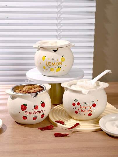 1pc Cream Ceramic Double-Ear Lid Lard Pot, High-Temperature Resistant Cooking Oil Storage Jar, Kitchen Oil Container, Household Restaurant Oil Storage Canister